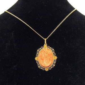 Broche/pendentif camée corail rose or 18 carats avec chaîne gourmette en or 14 carats Style vintage diamant et cristal pendentifs à breloque motif goutte d'eau - Product Image 3