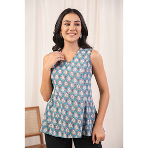 Haut sans manches en peplum pour femme Mehr Alaya en mélange de soie et de coton vert sarcelle, motif uni, coupe amincissante pour le printemps, l'été et l'automne - Product Image 1