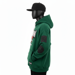 Sweat-shirt confortable de base avec impression graphique sur la poitrine, logo en patch, panneaux personnalisés, tissu polaire épais 350 GSM, couleur verte - Product Image 3