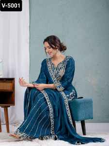 Most Beautiful Traditional Chinnon Silk Salwar Kameez Heavy Embroidery Coding Sequence Work Full Sleeve Pure Heavy Embroidery - Product Image 4