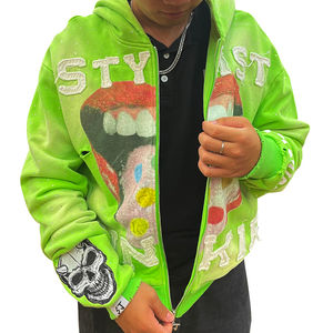 Fabricación de ropa personalizada bordado de peso pesado Sun Faded Zipper Asidwash sudadera Rhinestone Boxy Cropped Distress Hoodie - Product Image 6