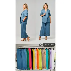Wholesale Italian-Made Women's Linen Pants Casual Loose Summer Trousers With Breathable Elastic Waistline Fashion New