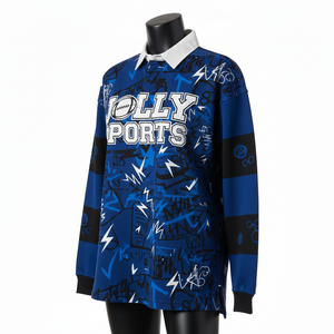 Maillot de rugby pour femme en coton et polyester, bleu royal avec rayures noires sur les manches, logo personnalisé par sublimation, maillot de rugby pour femme en coton - Product Image 4