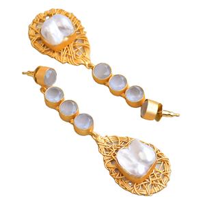 ต่างหูทองเหลืองแบบพรีเมี่ยมหินมุกธรรมชาติกึ่งมีค่าสูงชุบทองสไตล์โบโฮดีไซน์เก๋ไก๋สูง - Product Image 2