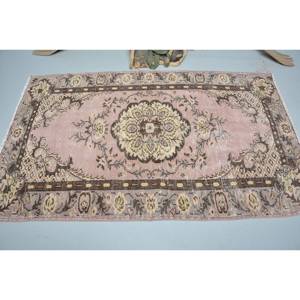 Alfombra turca vintage clásica rosa beige 4,1x6,7 pies hecha a mano de lana de retazos alfombra rectangular a rayas para sala de estar respaldo de látex - Product Image 3