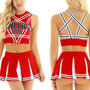 Women Cheerleader Two Piece <b>Set</b> Sleeveless Criss Cross Top With Pleated Skirt Red White Sporty Uniform Spring Summer - Product Image 1