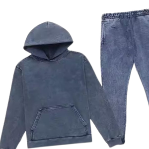 Blue <b>Grey</b> Acid Washed Hoodie Tracksuit <b>Men</b> Vintage Fleece Pullover <b>Sweatshirt</b> Jogger Pants Set Casual Streetwear Winter Outfit - Product Image 4