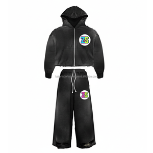 Premium 320 GSM Fleece Zipper Tracksuit Soft Cotton Polyester Blend Black Color Custom <b>Embroidery</b> Logo Hooded <b>Set</b> - Product Image 1