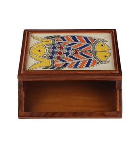 Porte-serviettes Madhubani peint à la main en bois de teck/boîte à mouchoirs porte-papier facial en bois pour salle de bain chambre bureau table à manger - Product Image 4