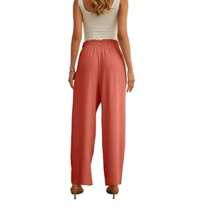 Women's Orange High Waist Lace Decoration Wide Leg Pants Adjustable Knot Summer <b>Work</b> <b>Trousers</b> for Business Casual <b>Elastic</b> Waist - Product Image 4