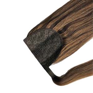 Brazilian Human <b>Hair</b> Drawstring Ponytail Clip-In Extension Water <b>Wave</b> Dark Brown & Caramel Lowlights - Product Image 3