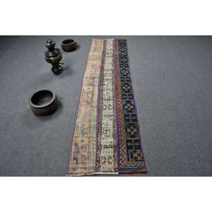 Tapis de Style Traditionnel Turc Vintage 2 X 7.8ft Classique Bleu Orange Patchwork Design Laine Matériel Latex Grand Couloir - Product Image 1