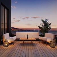 Conjunto de Muebles de Jardín con Diseño Moderno de Mediados de Siglo, Madera de Teca Sólida Resistente a la Intemperie, Madera Natural y Blanca, Capacidad para 6 Personas