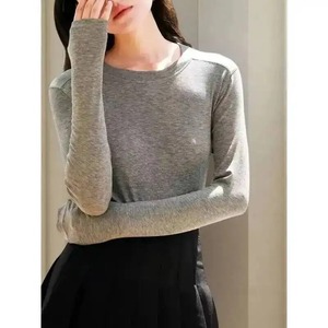 T-shirt en acétate de lyocell et laine pour femme, couleur unie, haut de base, manches longues pour le printemps, l'automne et l'hiver, col rond, coupe ajustée et chaude - Product Image 2