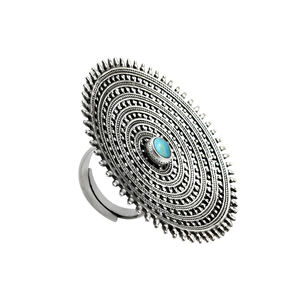 Indian Artisan Handmade Birthstone Jewelry 925 <b>Sterling</b> Oxidized <b>Silver</b> Natural Turquoise Round Shape <b>Adjustable</b> <b>Ring</b> for Women - Product Image 1