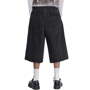 Pantalon short en jean baggy taille basse noir délavé vintage personnalisé Streetwear en détresse bords bruts - Product Image 5