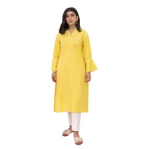 Latest Design Customized Full Sleeves Cotton Material Yellow Color High Quality Women Kurtis