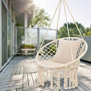 Chaise moderne suspendue en macramé pour adultes et enfants Balançoire hamac en coton crème tissée à la main pour balcon extérieur - Product Image 1