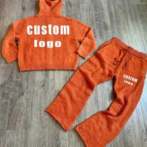 Personalizado Mohair Zip Up Fabric 2 piezas Unisex Mujeres Hombres Chaqueta Conjunto Mohair Flare Pantalones de chándal y Sudadera con capucha Sweatsuit mohair suéteres - Product Image 2