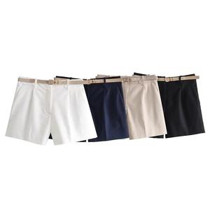 2025 verano nuevo producto moda femenina versátil cintura alta con cinturón Casual Color sólido pantalones cortos - Product Image 1