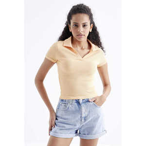 Tommylife Vente en gros T-shirt court basique à col polo et manches courtes pour femme - 97208 - MELON - Product Image 5