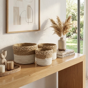 Natural Seagrass Recycled Plastic <b>Basket</b> Set White Base Flower Shell Rim Cylinder Pot Planter Pure Art Setup Room Decor Craft - Product Image 4