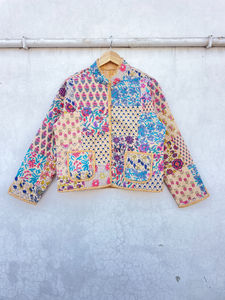 Blouson Bomber en Coton Patchwork Fait Main Indien, Vintage, Pêche, Nouveau Style, Réversible, Femme, Automne, Hiver, Été, Gonflé - Product Image 3