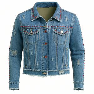 Chaqueta vaquera informal personalizada al por mayor, 100% algodón, jacquard, lavada, con botones, estampado de leopardo, diamantes y dobladillo deshilachado. - Product Image 1