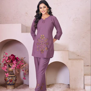 Women Heavy Rayon Embroidered Co Ord Set | Stitched <b>Kurti</b> <b>Top</b> with Straight Pant | Ethnic Indo Western Wear Manufacturer - Product Image 1