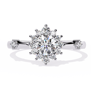 แหวนเพชรรูปดอกไม้ทรงกลมสำหรับปลูกในห้องปฏิบัติการ1.00ct ได้รับการรับรอง IGI 14K แหวนรัศมีวงแหวนทองขาวดีไซน์คลาสสิกลายเซ็นแสงแดด - Product Image 1