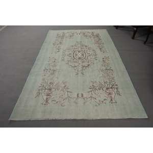 Alfombra clásica de lana de retazos verde Beige, diseño de Aubusson turco de 4,9x8,3 pies para sala de estar, mesita de noche, pasillo, rectángulo de látex - Product Image 1