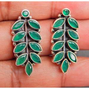 925 Sterling <b>Silver</b> Fine <b>Stud</b> Earrings Handmade Green Onyx Wedding Jewelry Gift E0058-GS Natural Green Onyx <b>Studs</b> - Product Image 3