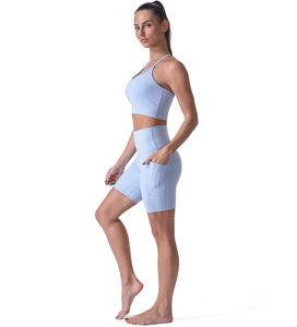 Short motard bleu clair pour femme avec poches | Short d'entraînement de yoga taille haute - Product Image 4