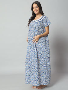 Camisón de Maternidad de Algodón 100% para Mujer, Manga Media, Largo Completo, Tejido Transpirable, Cuello con Estampado Floral, Elegante para Verano, 300g - Product Image 2