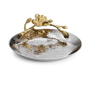 Plateau à chocolat décoratif en métal finition antique avec motif de feuilles, poignée en laiton pour servir des fruits secs sucrés, plat rond - Product Image 2