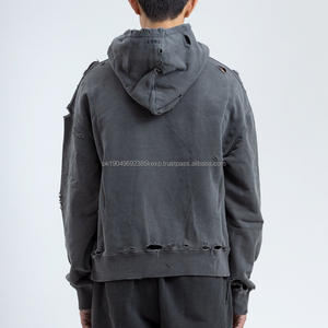 Sweat-shirts à capuche sans cordon avec ourlet coupé, broderie appliquée vieillie personnalisée, style urbain, 100% coton, délavage à l'acide léger - Product Image 2