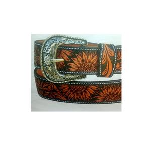 Ceintures en cuir marron foncé unisexes très vendues Ceintures à perles usinées florales Boucles fantaisie Fabricants de chevaux durables personnalisés - Product Image 3