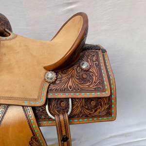 Premium <b>Wood</b> Tree Barrel Racing Artwork Western Leather Saddle Set | Hand <b>Tooled</b> SS Fittings Free Tack Set Horse Riding - Product Image 5
