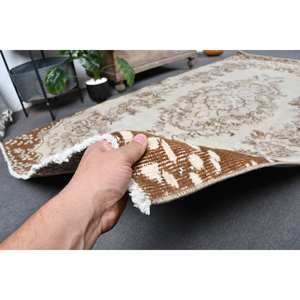 <b>Vintage</b> Turkish <b>Rug</b> Beige Brown 4.2x9.3ft Wool Flat Weave with Patchwork Pattern for Living Room Decorations - Product Image 3