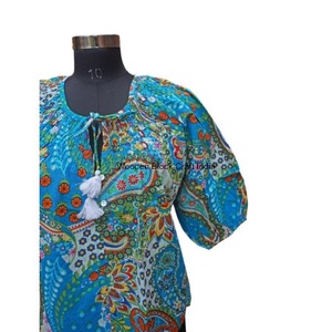 Floral Print Short Puff Sleeves Casual <b>Office</b> Wear Women's Vintage Summer Bohemian Cotton Tunic Top with Tassels - Product Image 3