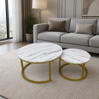 Ensemble de table basse ronde moderne de luxe en verre trempé et MDF avec pieds en métal doré pour la maison, le salon, l'hôtel, élégant