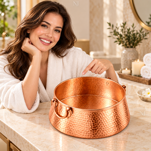 Tazón redondo de cobre martillado para pedicura con asas en forma de anillo para spa de pies en salón de belleza - Product Image 6