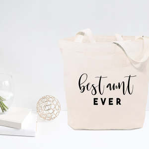 Sac fourre-tout en toile de coton couleur unie « Meilleure tante de tous les temps » avec fermeture ouverte - Product Image 3