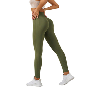 Nuevos Pantalones deportivos de cintura alta para mujer, pantalones deportivos de punto sin costuras, cintura elástica ajustada, sólido, trasero de melocotón, Yoga, Spandex/nailon activo - Product Image 4