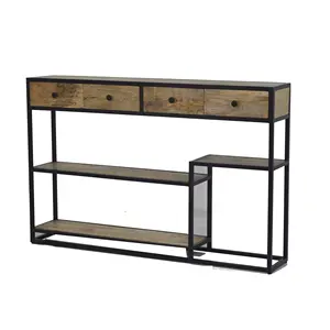 New Arrival 2024 Modern Design Console Corner Table with Storage Drawers made from Solid Mango Wood and Iron Tube Base for Home