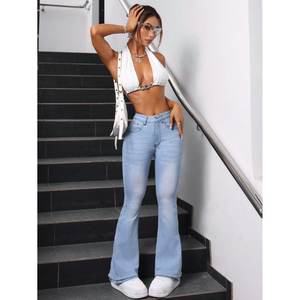 Vaqueros FUNKY de mezclilla lavada azul hielo para mujer, corte holgado, cintura alta, estilo acampanado, elásticos, a la moda, tallas 26 a 40 - Product Image 6