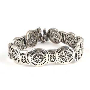 14K Gold and 925 Sterling <b>Silver</b> Antique Flower Pattern <b>Bracelet</b> with Diamond Pearl Religious Style Tennis <b>Charm</b> Tennis Gift - Product Image 2