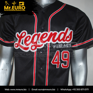 Maillot de baseball personnalisé sublimé Legends Finlande 49 noir avec bordure rouge unisexe à manches courtes col en V coupe ample fermeture boutonnée anti-humidité - Product Image 6