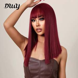 Camila-DWY Burgundy Layered Synthetic <b>Wig</b> 30-32 Inches Middle Length Transparent Lace Bangs High Quality Heat Resistant Fiber - Product Image 1