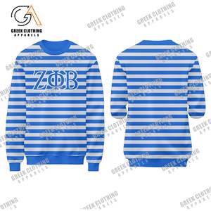 Zeta 1920 Sudadera a rayas azules y blancas Cuello redondo de algodón de manga larga para hermandad Estilo Casual Ropa de vida griega - Product Image 1